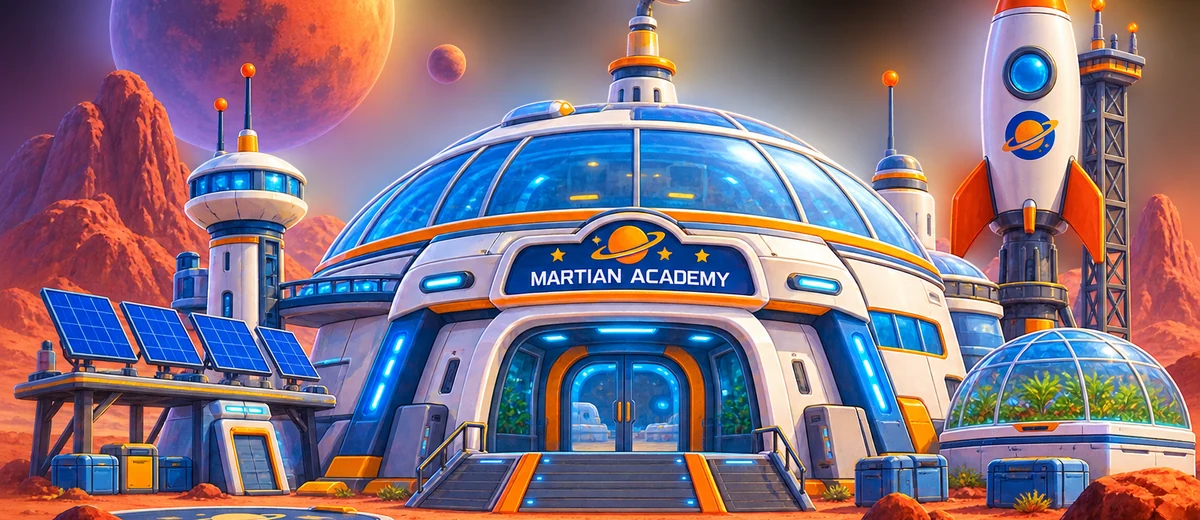 Martian Academy's blue domed base, solar panels, and rocket on Mars.